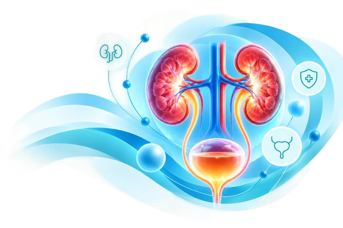 Illustration of the kidneys, ureters and bladder